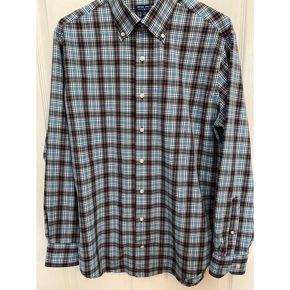 Peter Millar Men's Button Up Shirt Adult M Blue Pink Plaid Cotton Dress Casual